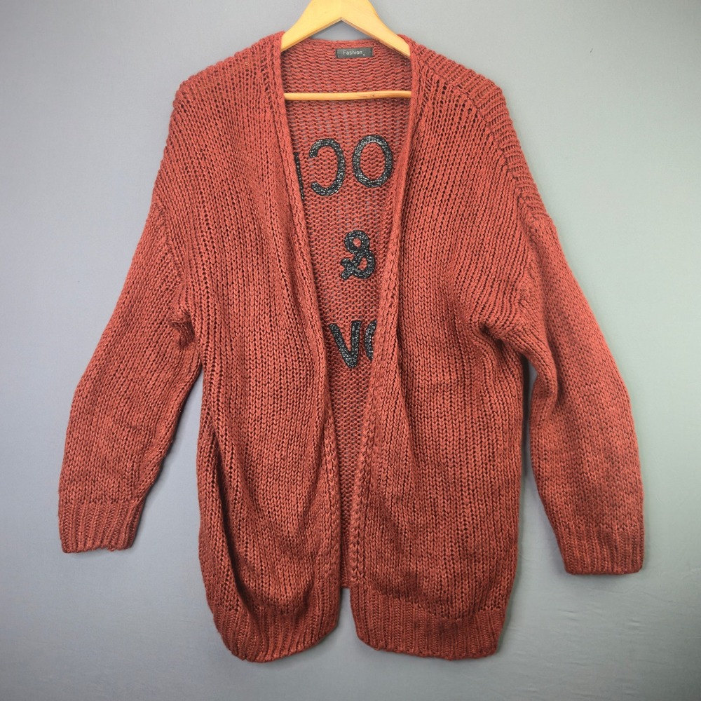 Fashion Cardigan Rock & Love Graphic Sweater Medium Rust Orange Chunky Knit Open